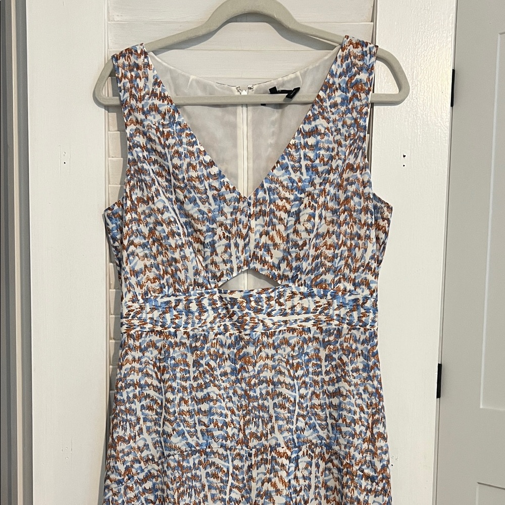 Theory Sleeveless V-Neck Midi Dress in Blue and Brown Print